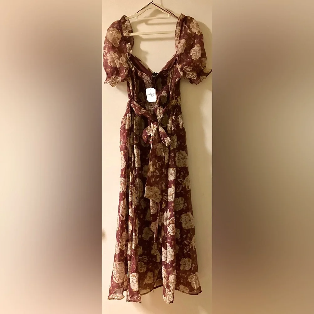 Altar’d State Burgundy & Cream Chiffon Floral Midi Dress by Blue Pepper Size M - Picture 6 of 9